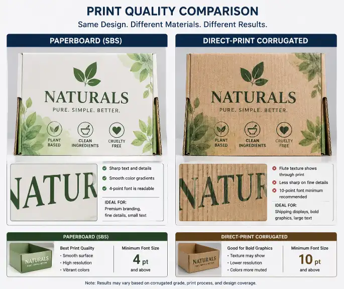 comparison of print quality on paperboard (sharp text, smooth colors, 4-point font readable) versus direct-print corrugated (visible flute texture, thicker lines, 10-point font minimum) showing the same design on both materials