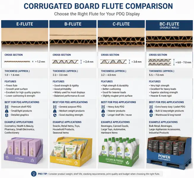 corrugated board flute comparison showing E-flute B-flute C-flute and BC-flute cross sections with thickness measurements and recommended PDQ display applications