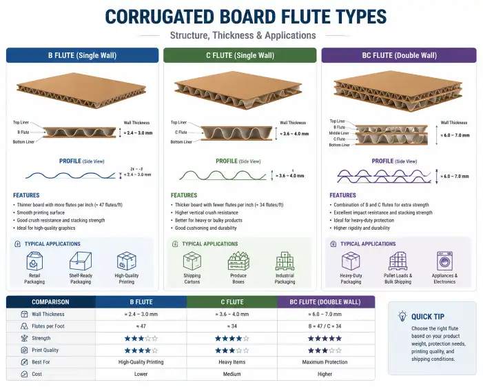 cross-section of corrugated board showing flute types — B flute, C flute, BC double-wall — with labels for wall thickness and typical applications