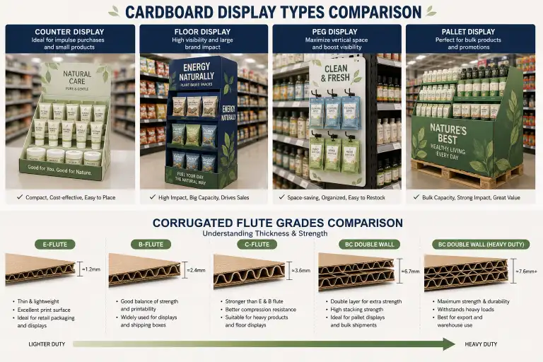 cross-section comparison of corrugated flute grades from E-flute to BC double wall showing thickness differences
