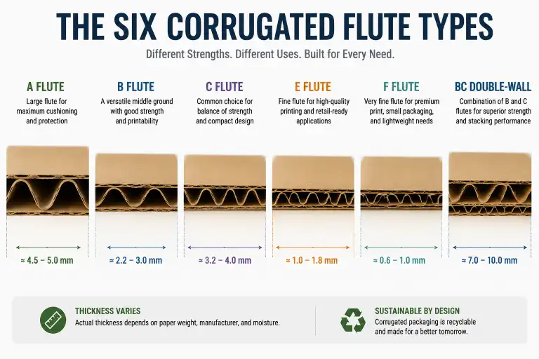 cross-section comparison of all six flute types — A, B, C, E, F, and BC double-wall — shown to scale with their thickness measurements labeled