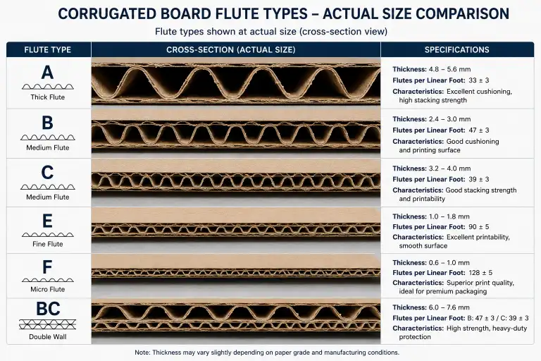 cross-section diagram of corrugated board flute types — A, B, C, E, F, and BC double-wall — shown at actual size with labels for thickness and flute count per linear foot