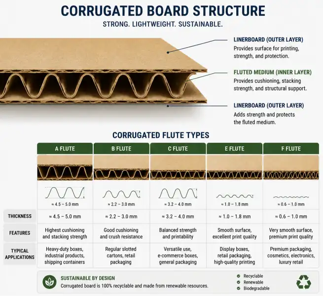 cross-section diagram of corrugated board showing the linerboard outer layers and fluted medium inner layer, with flute types A, B, C, E, F labeled with their thickness
