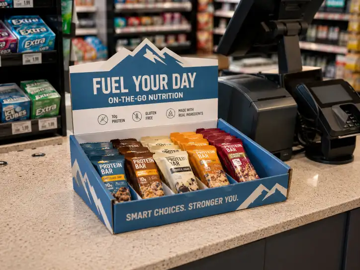 custom PDQ display tray on a retail checkout counter with small products visible and accessible