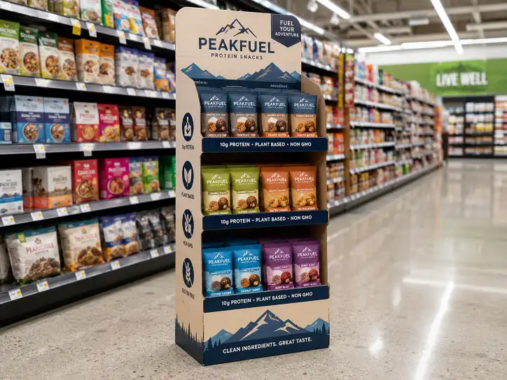 custom cardboard display stand in a retail aisle with products on multiple shelves and branded graphics