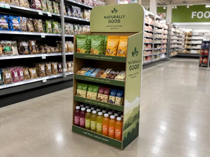 custom cardboard floor display unit in a retail aisle showcasing products on multiple shelves