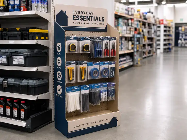custom cardboard peg display with hanging retail products on hooks in a store aisle