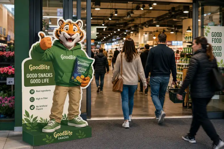 lifesize custom cardboard standee cutout of a brand character standing at a store entrance with shoppers walking past