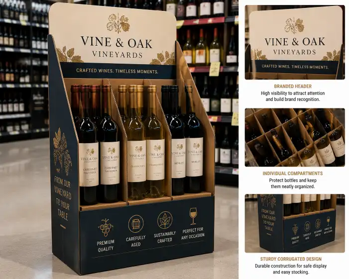 custom cardboard wine display in a retail store holding multiple glass bottles in individual compartments with branded header