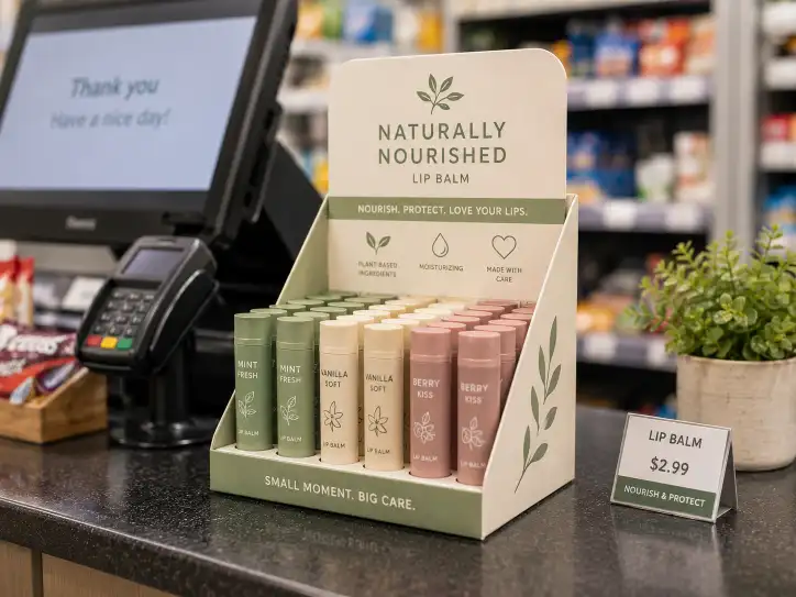 custom countertop display on a retail checkout counter showcasing small products