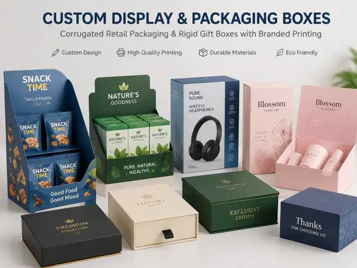 custom display packaging boxes including corrugated retail packaging and rigid gift boxes with branded printing