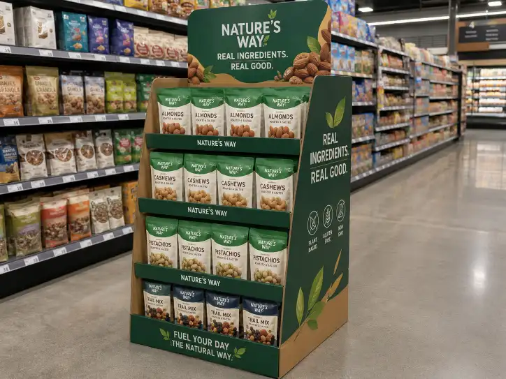 custom retail display in a supermarket aisle showcasing products with branded graphics