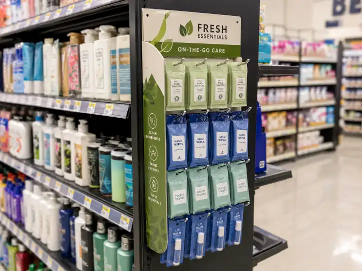 custom sidekick display attached to the side of retail shelving with hanging products in a store aisle