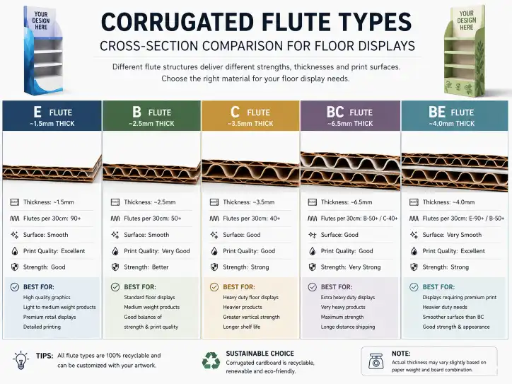 cross-section comparison of different corrugated flute types for floor displays