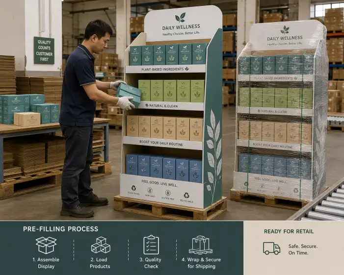 factory worker pre-filling a pallet display with product before wrapping for shipping