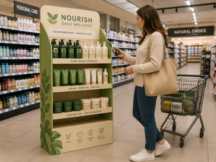 shopper interacting with a floor standing display unit in a supermarket aisle