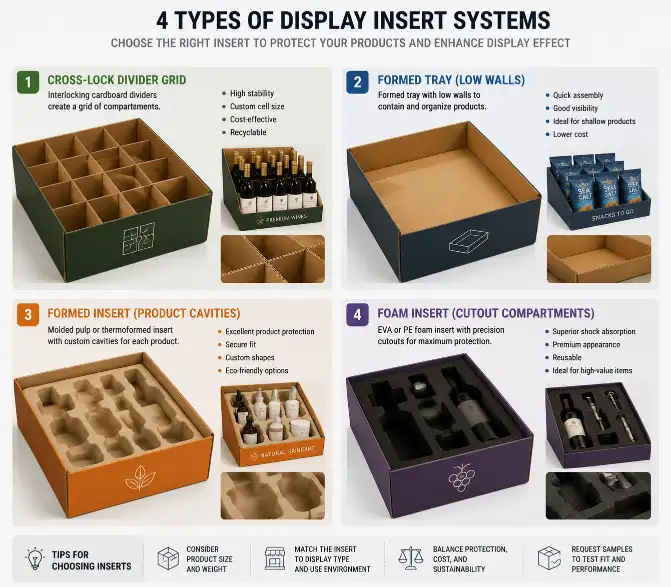 four types of display insert systems — cross-lock divider grid, formed tray with low walls, formed insert with individual product cavities, and foam insert with cutout compartments — showing the structural differences