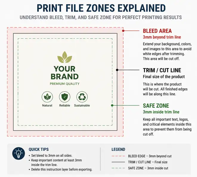 illustration of a display panel showing three concentric rectangles — the outermost dashed line is the bleed edge (3mm beyond cut), the solid line is the trim/cut line, and the innermost dashed line is the safe zone (3mm inside cut), with annotations explaining each zone