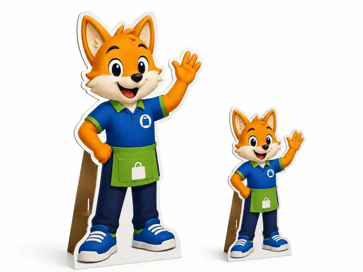 lifesize cardboard standee cutout of a brand mascot next to a half-size standee showing size comparison