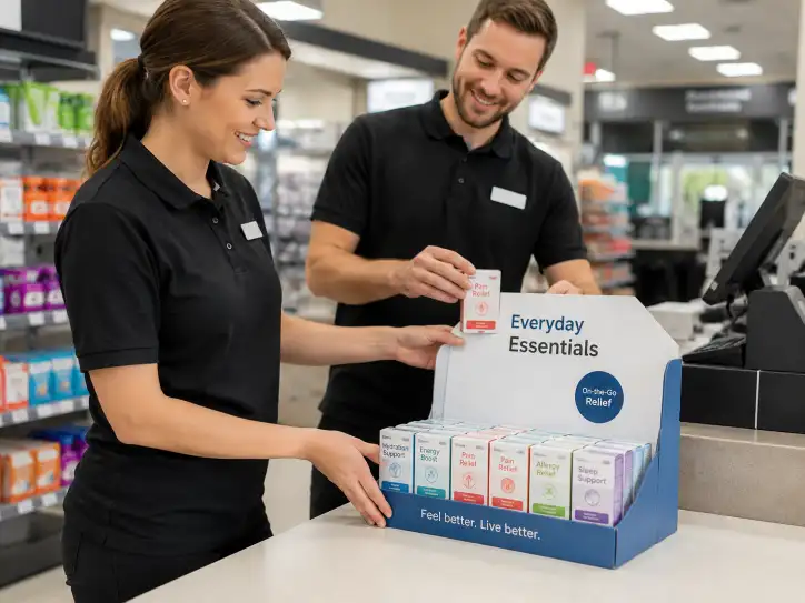 retail staff setting up a one-second PDQ display rack with no tools required