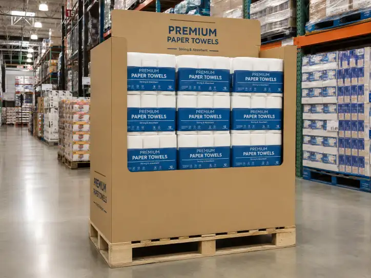 pallet display loaded with products in a Costco warehouse aisle with shelves and bulk packaging
