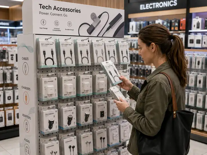 shopper comparing products on a pegboard hook display in a retail electronics aisle
