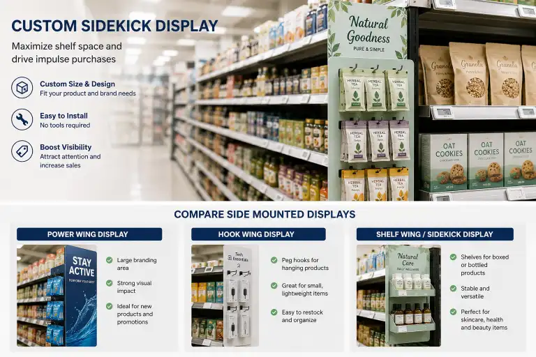 comparison of power wing display hook wing and shelf wing sidekick displays mounted on store shelving