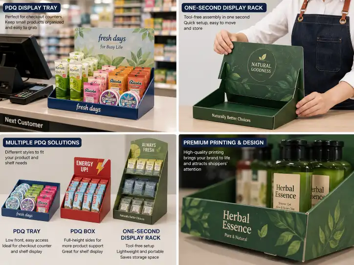 lose up of printed PDQ display tray showing brand graphics and product placement