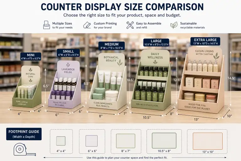 retail countertop with various counter display sizes showing footprint comparison