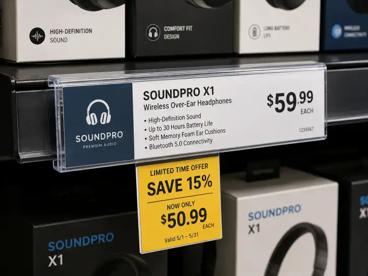 retail display shelf with a clear plastic C-channel shelf talker mounted on the front edge, showing a printed price card with product name and price, and a small yellow promotional tag attached below