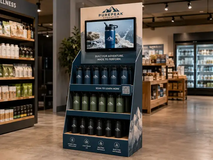 retail floor display with an integrated digital screen mounted on the header showing product video, and a small QR code panel on the shelf edge with a call-to-action label