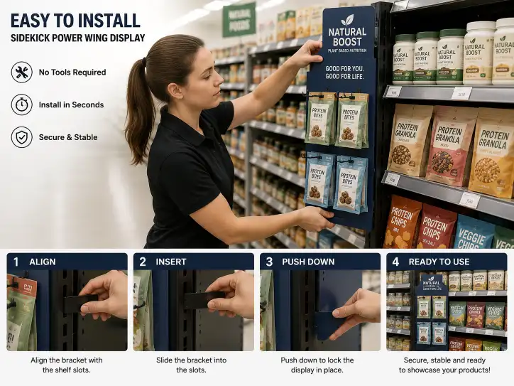 retail staff installing a sidekick power wing display on a gondola shelf using a slot-in bracket