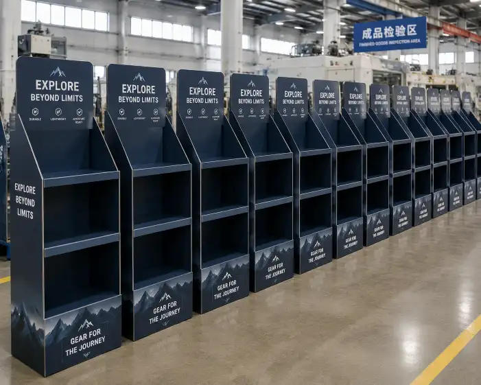 row of identical cardboard floor displays lined up in a factory production area showing consistent print quality and structural uniformity across the batch