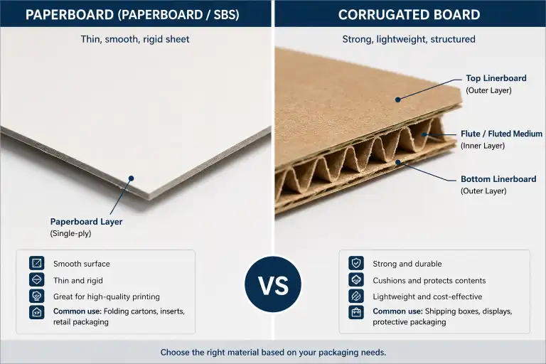 side-by-side comparison of paperboard (thin, smooth, rigid sheet) and corrugated board (showing the fluted inner layer between two linerboards) with labels identifying each layer