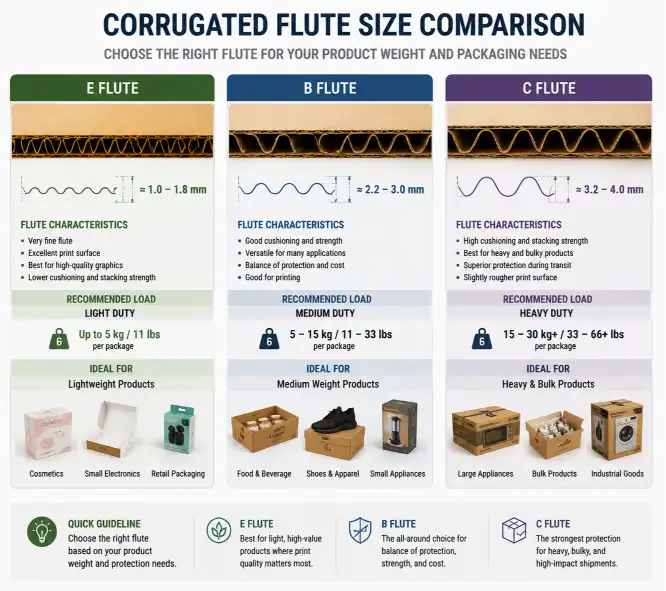 side-by-side comparison of three corrugated flute sizes — E flute, B flute, and C flute — with product load examples showing which flute is appropriate for different product weights