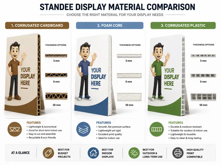 standee display material comparison showing corrugated cardboard foam core and corrugated plastic thickness options