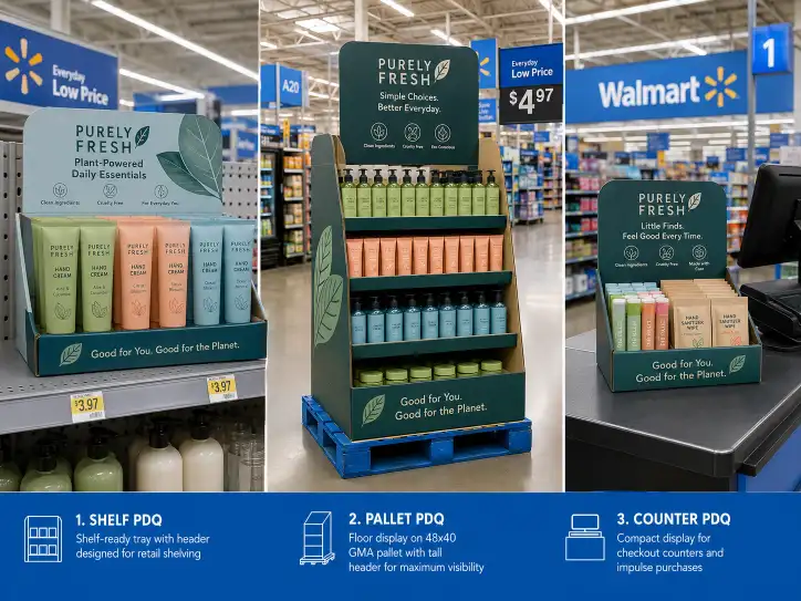 three Walmart PDQ display types side by side showing a shelf PDQ tray on retail shelving a pallet PDQ on a GMA pallet and a counter PDQ at a checkout counter