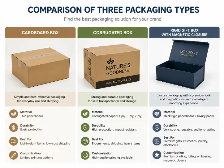 comparison of three packaging types cardboard box corrugated box and rigid gift box with magnetic closure
