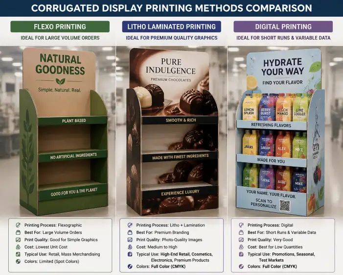comparison of three printing methods for cardboard displays — flexo printed corrugated showing simple graphics, litho laminated showing photo-quality images, and digital printed showing short-run variable data — arranged side by side