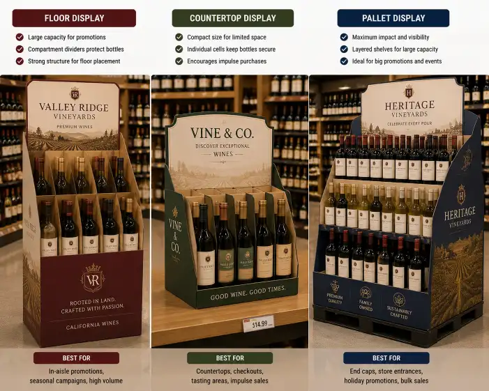 three wine displays in a retail setting — a floor display with compartment dividers, a countertop display with single-bottle cells, and a pallet display with layered bottles — showing different structural approaches