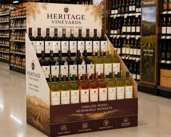 tiered wine display showing multiple rows of bottles with labels facing forward, each row stepped higher for full visibility