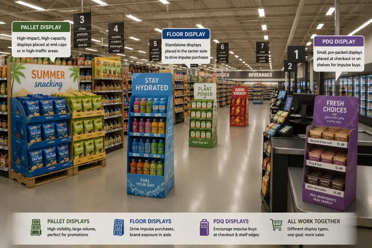wide view of a supermarket aisle with multiple types of retail displays — pallet displays at the end cap, floor displays in the center aisle, PDQ displays at checkout — showing how different display types coexist in the same retail environment