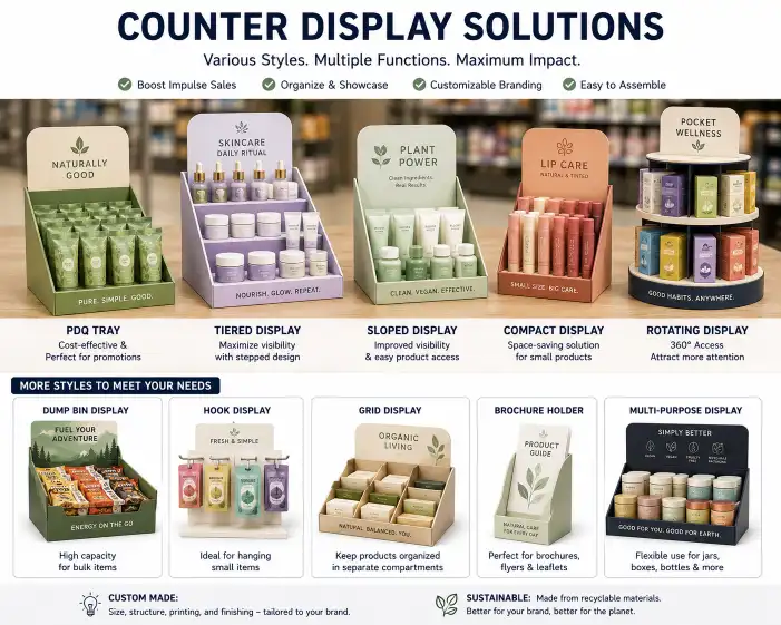 various types of counter display units including PDQ tray tiered display and rotating display