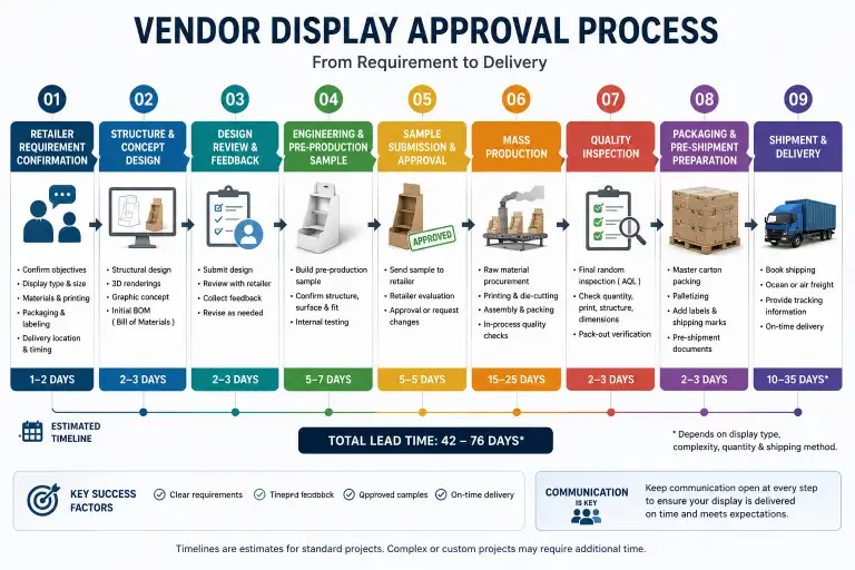 vendor display approval process flowchart showing the sequential steps from retailer requirement confirmation through design, testing, sample submission, production, inspection, and shipment with estimated timelines at each stage