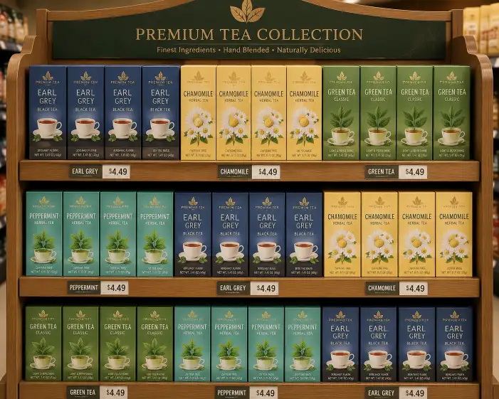 wooden retail shelf with organized rows of tea box packages showing multiple varieties with clear flavor labels — Earl Grey, Chamomile, Green Tea, Peppermint — arranged in neat vertical rows with visible pricing