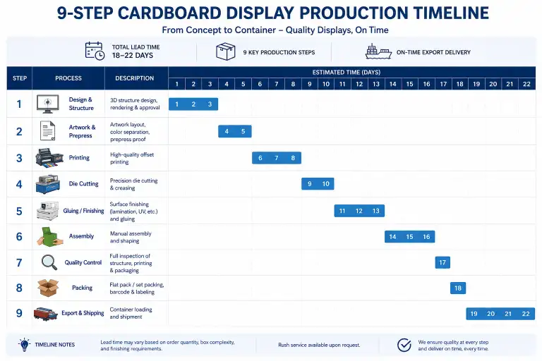 Production timeline chart showing the 9-step cardboard display manufacturing process from design to export — each step with estimated days, arranged in a horizontal Gantt-style layout.