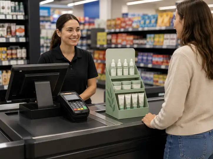 A counter display placed on a checkout counter showing the limited counter space and position relative to the customer