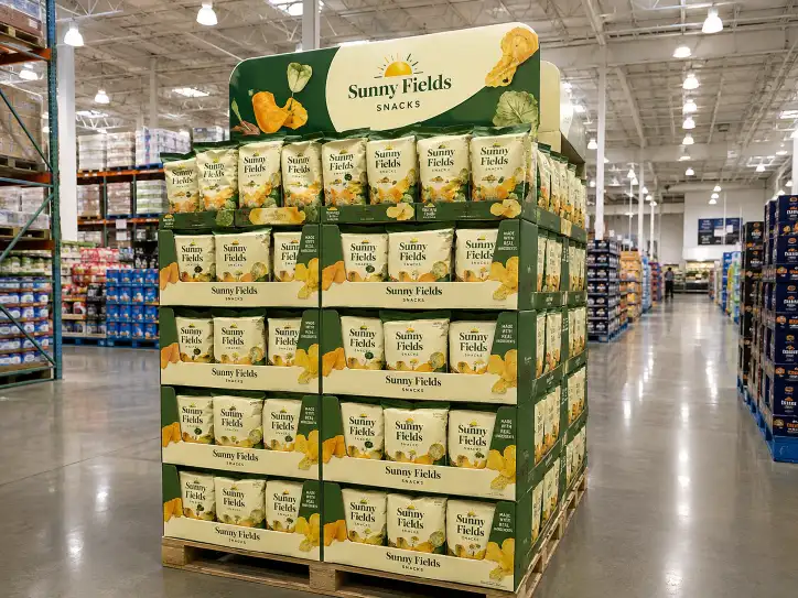 A full pallet display in a club store action alley showing the prominent position and large product quantity