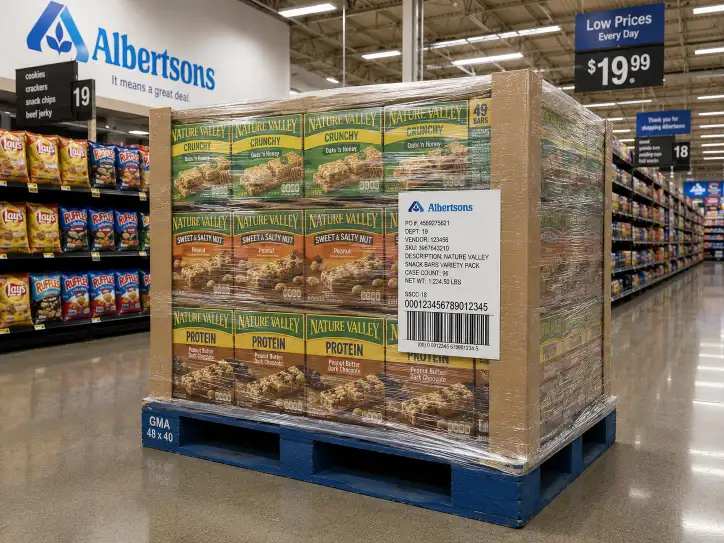 Albertsons supermarket aisle with a display-ready pallet display on a GMA 48x40 pallet, shrink-wrapped and labeled.
