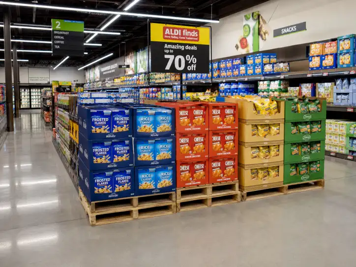 Aldi store aisle with products merchandised directly from pallet displays in display-ready cases on the sales floor